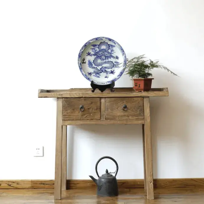 [1805_CON_1379_D_GPND-020041] Rustic Elm Wood Two Drawers Console Table Ilma