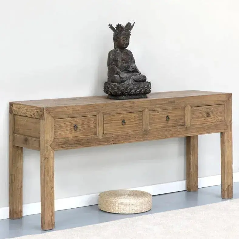 [1805_CON_1387_D_GPND-020095] Rustic Elm Wood Four Drawers Console Table Rush