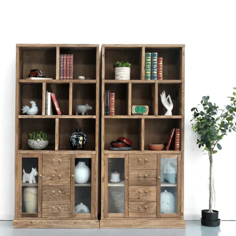 [1805_BOO_1404_D_GPND-020147] Knos Reclaimed Elm Bookshelf | Rustic Natural Wood Bookcase
