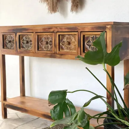 [1805_CON_0852_J] Moroccan Natural Console Table | Boho Wood Accent Table