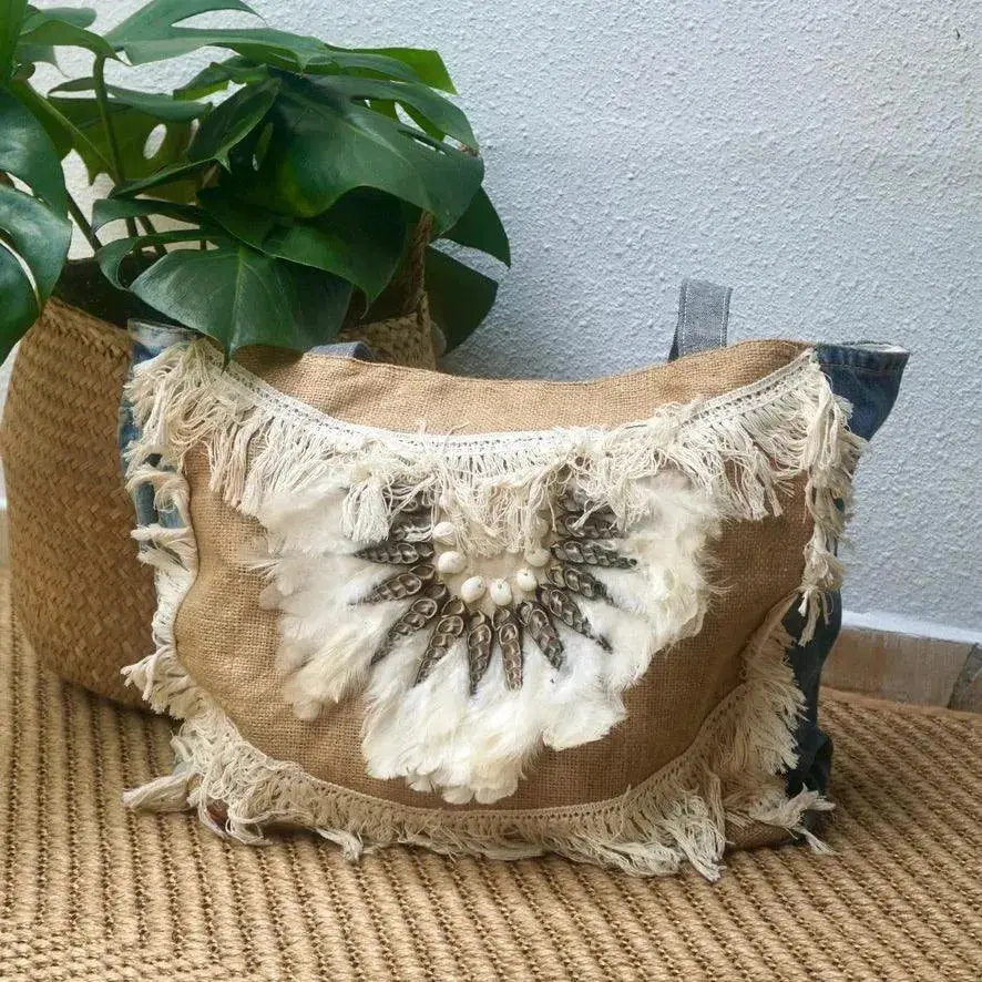 [1802_BAG_0161_D] Denim Jute Bag with Zip | Natural Eco Tote Bag Singapore