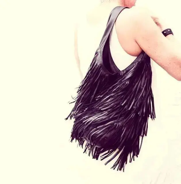 [1802_016_BAG_0163_D] Cowgirl Round Leather Tassel Bag | Statement Women's Bag (Black)